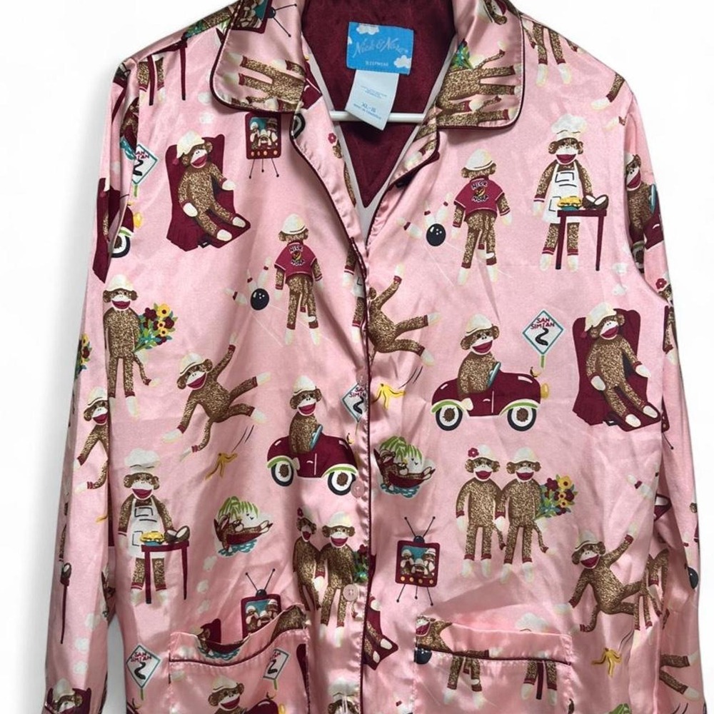 Nick & Nora's Pink Satin Sock Monkey Pajama Shirt